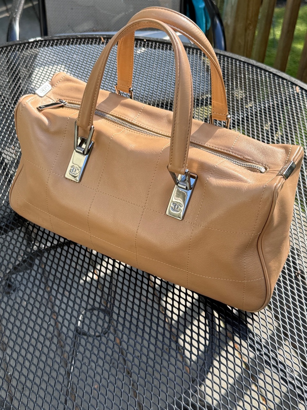 Auth CHANEL Tan Chocolate Bar East West Bag crazy stitch Quilted Leather Satchel - Picture 6 of 17